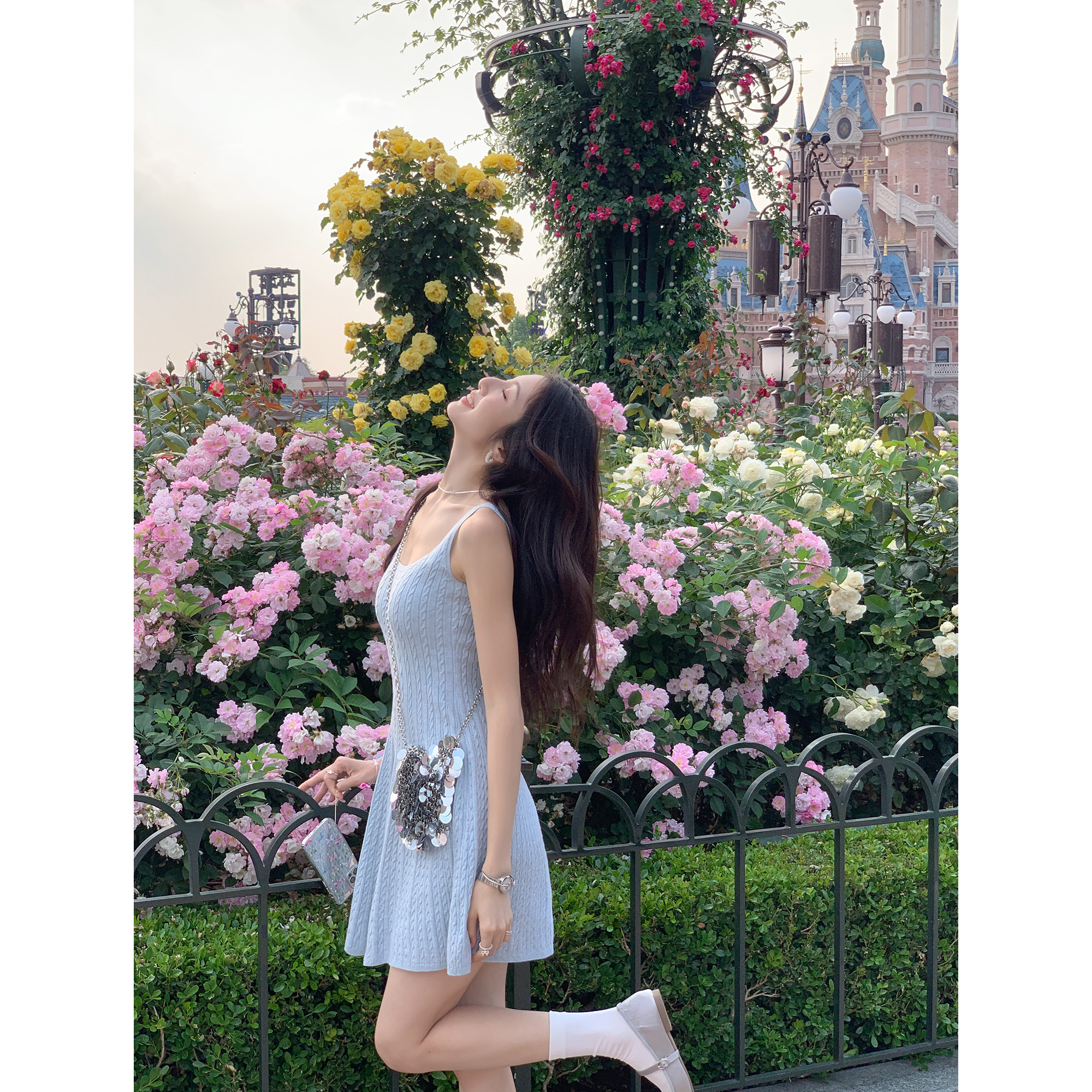 MULVAN U-neck slim suspender dress for women's twisted knitted short skirt summer new A-line waist-hugging skirt