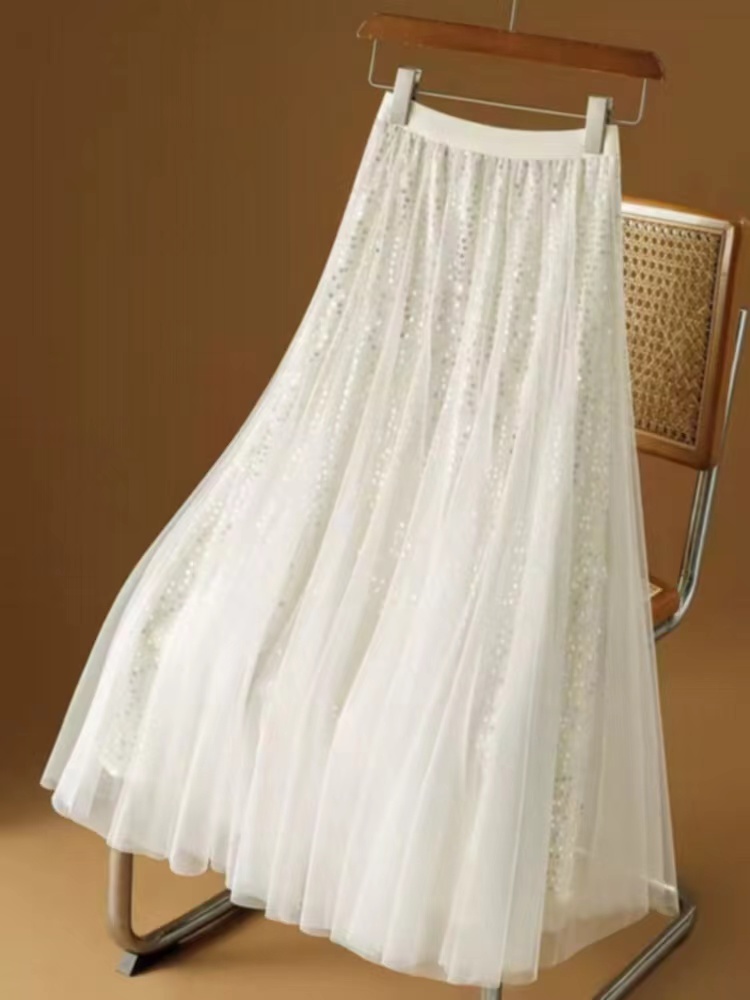 High-end sequin mesh skirt for women in spring and summer drooping super fairy gauze skirt covering the straps A-line long skirt