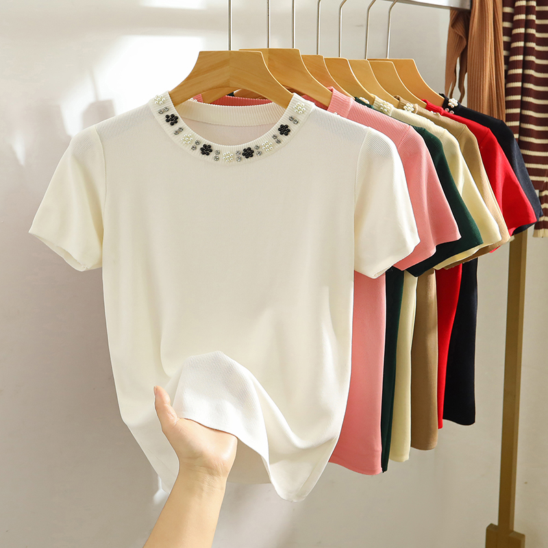Round neck heavy industry ice silk short-sleeved T-shirt for women in spring and summer temperament sweater wearing thin beaded short base top