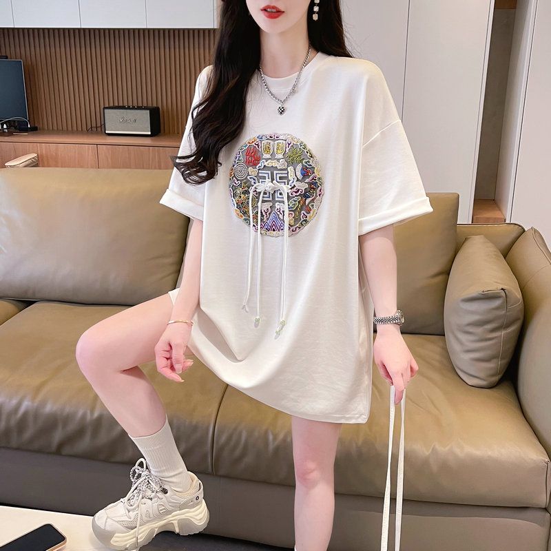 Real photo of large-size short-sleeved T-shirt women's summer new Chinese style design bow embroidered top