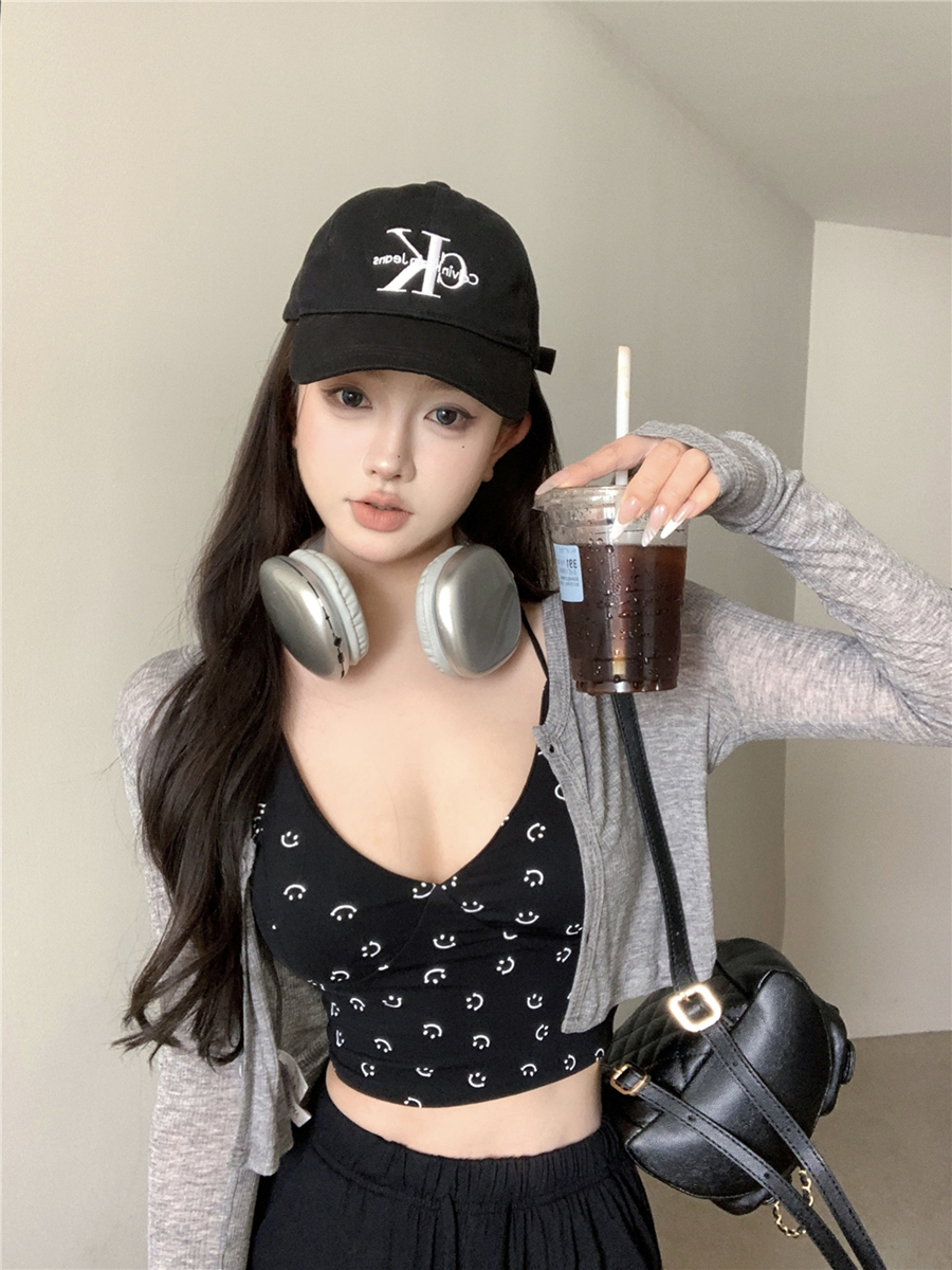 實拍復古性感V領胸墊吊帶背心+長袖開衫防曬上衣女