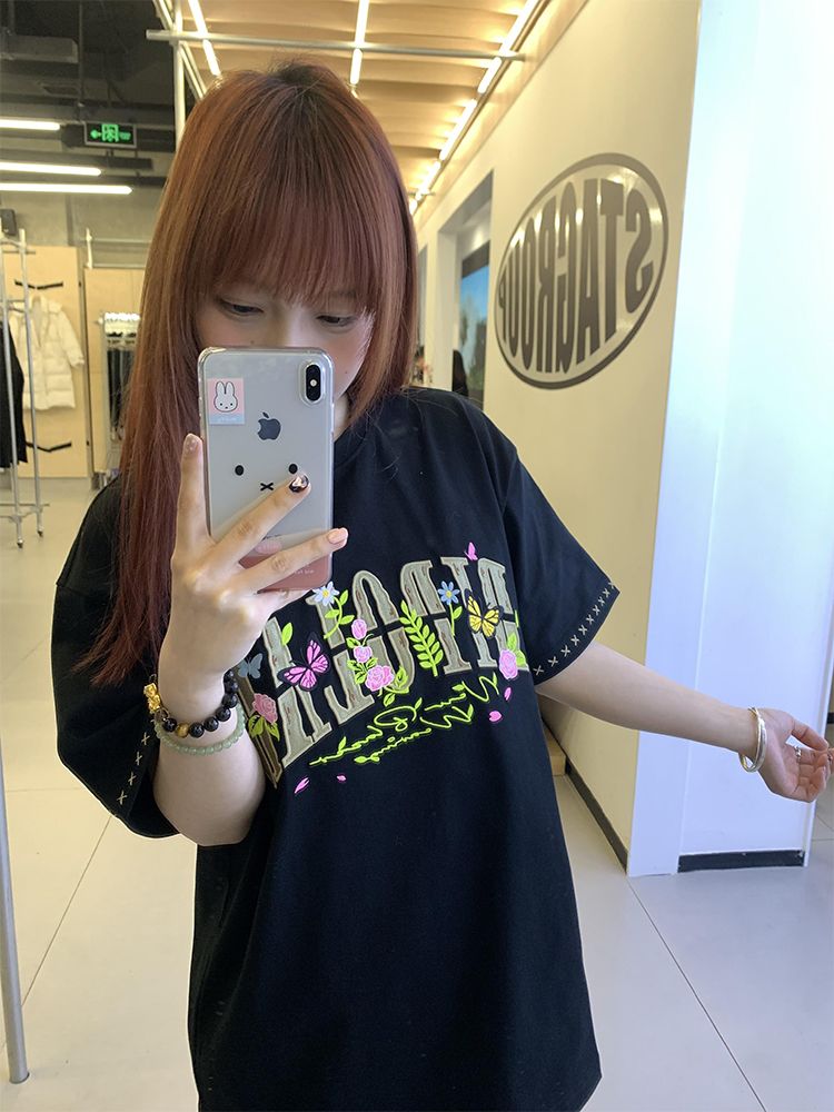 純棉 韓國chic夏季新款韓版美式字母刺繡圓領寬鬆短袖t恤女上衣潮