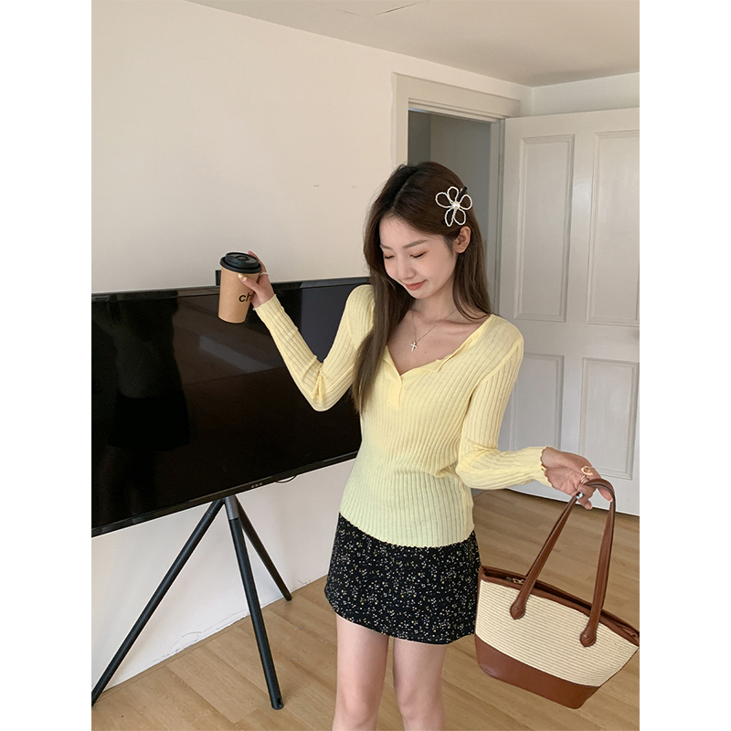 Real-shot knitted base shirt V-neck long-sleeved T-shirt for women in spring and autumn new style slim fit and slim temperament top