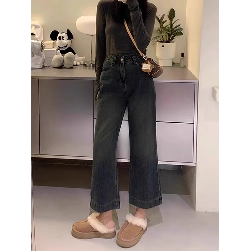 韓國chic大碼九分直筒牛仔褲女胖mm梨形身材寬鬆高腰顯瘦闊腿褲子