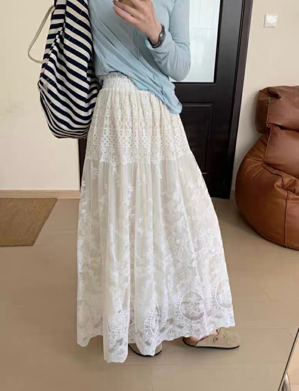 Lace skirt new women's high waist temperament solid color skirt long skirt not real shot