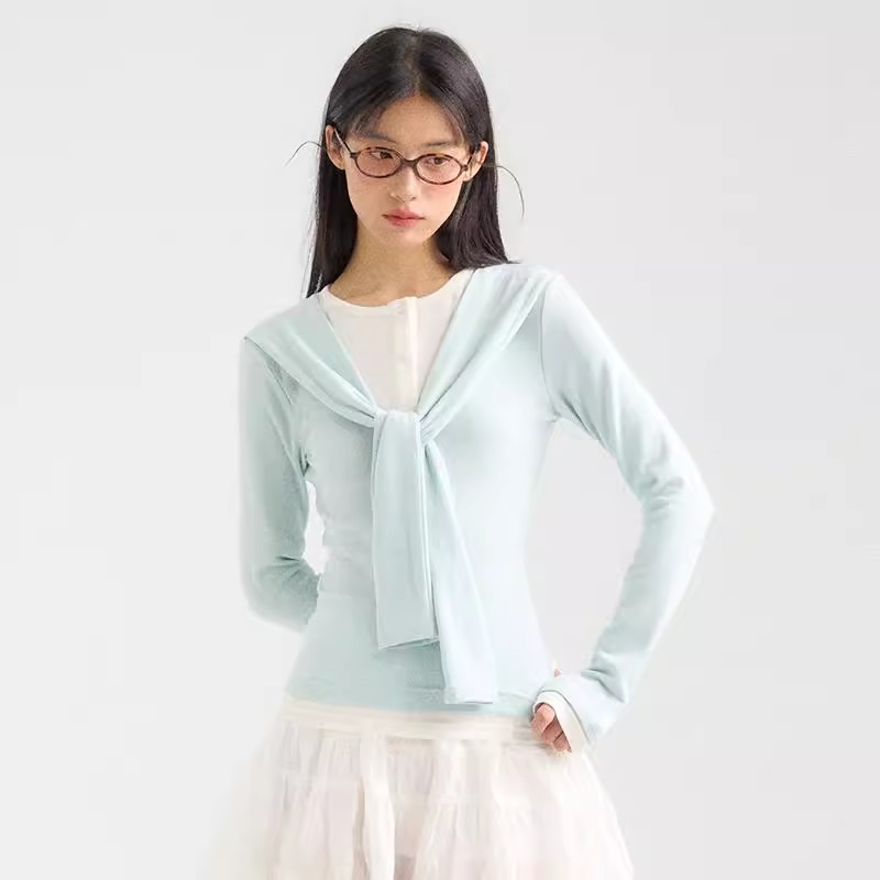 ANNATTO 2025春季薄款淺藍色修身顯瘦假兩件長袖內搭打底衫上衣女