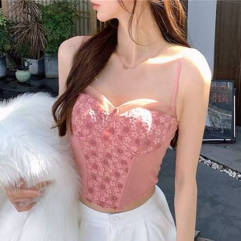 非實拍辣妹蕾絲背心帶胸墊內搭美背法式甜美魚骨吊帶收腰上衣