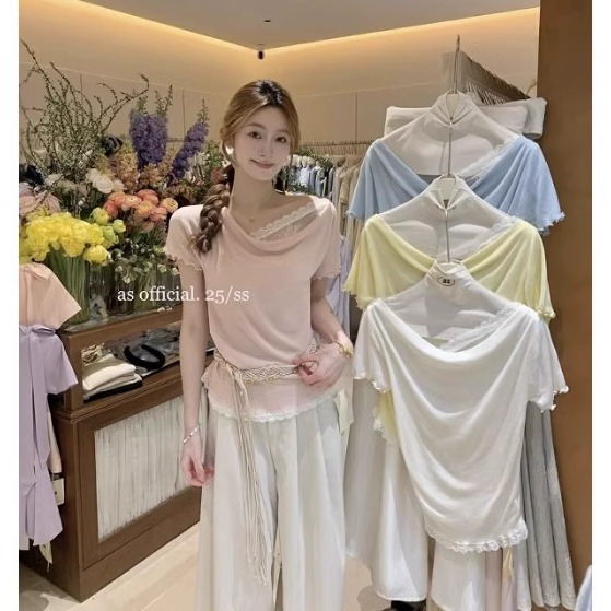 Purely fake two-piece lace short-sleeved knitted T-shirt for women in summer outfit, gentle temperament, slim base top