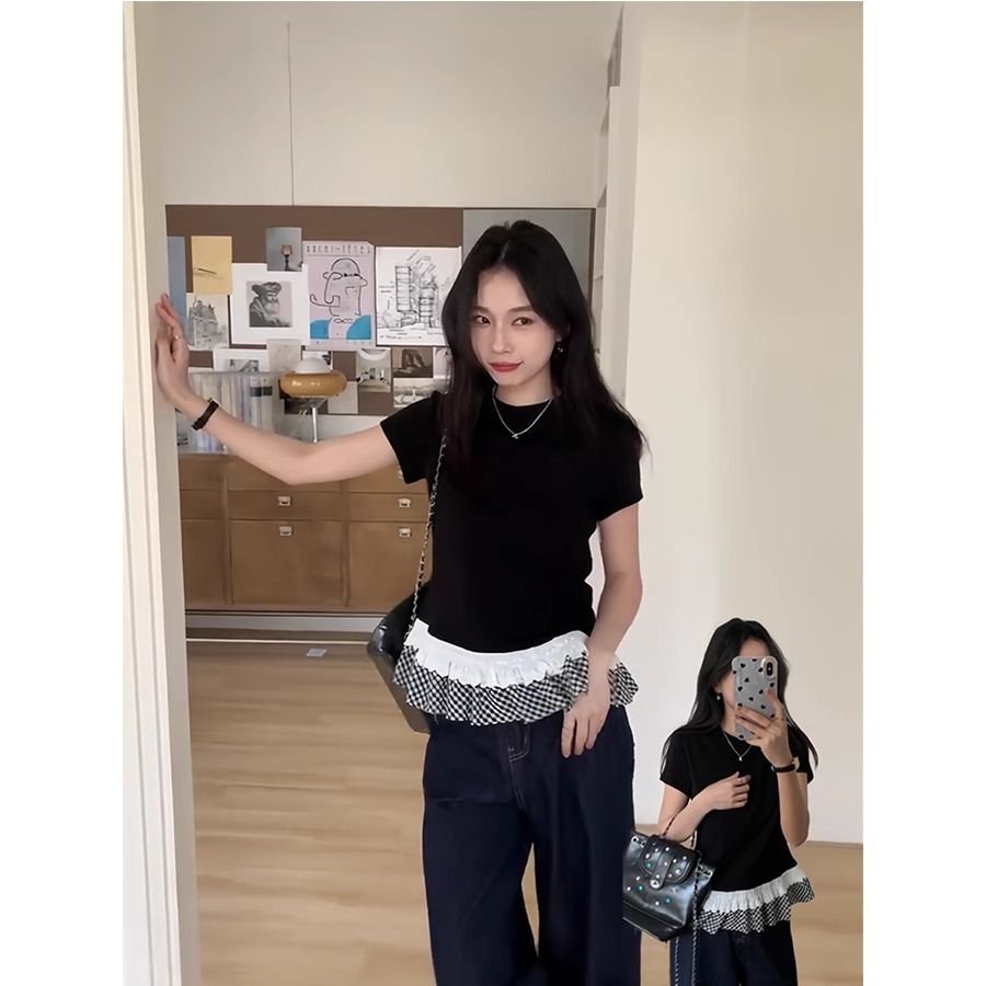 Man cotton original style American retro fake two-piece short-sleeved T-shirt for women's summer design lace splicing top