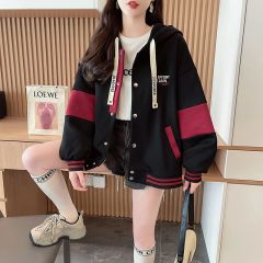 Real photos of Huamian loose hooded baseball uniform jacket large size women's spring and autumn design niche contrast color splicing cardigan