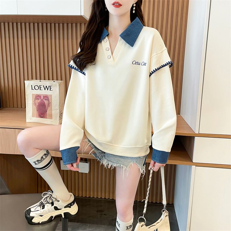 Real photos of Hua Cotton Polo neck sweatshirt for women's new spring and autumn fashionable age-reducing loose design top trendy