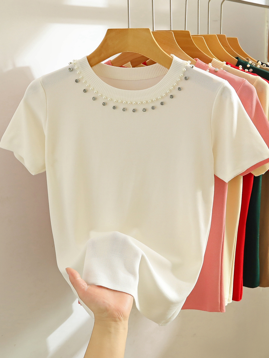 White front shoulder short-sleeved T-shirt for women in summer new fashionable European heavy industry beaded knitted short top