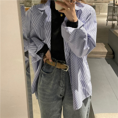 實拍 藍色條紋襯衫外套女裝春季設計感小眾法式chic上衣襯衣