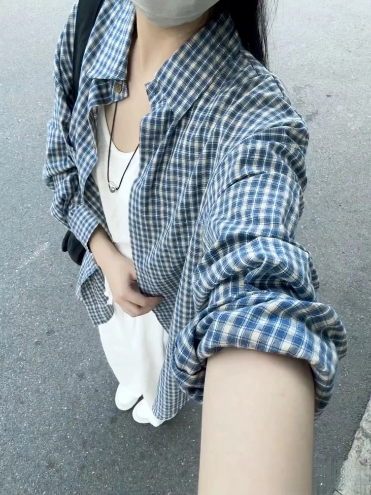 非實拍 韓版藍色格子襯衫春夏新款慵懶風寬鬆顯瘦外搭上衣潮