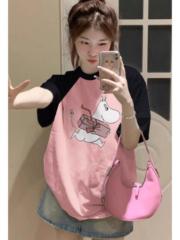 American retro cotton raglan sleeves T-shirt for women's summer new loose Hong Kong style top high quality