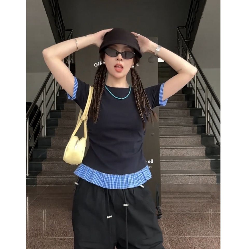 莫代爾人棉純欲風波點拼接斜肩長袖T恤女春季收腰露肩上衣