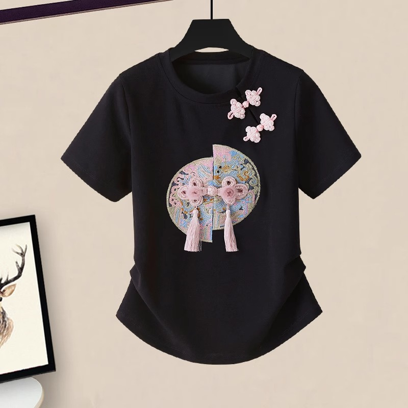 Official photo New Chinese style plum blossom buckle embroidered T-shirt for women 2025 new summer national style slim short-sleeved top