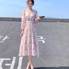 French floral chiffon dress for women 2025 spring and autumn lady waist-hugging and looking slim and fairy skirt