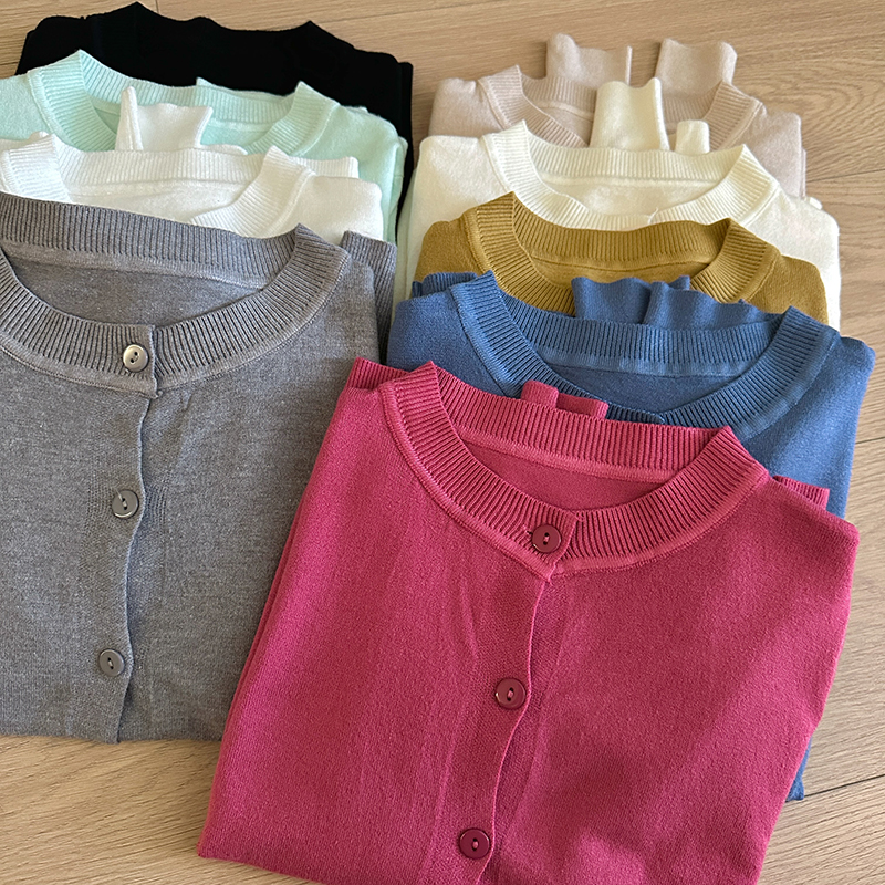 Solid color outer base knit sweater new Korean women's round neck cardigan multi-color long-sleeved versatile sweater