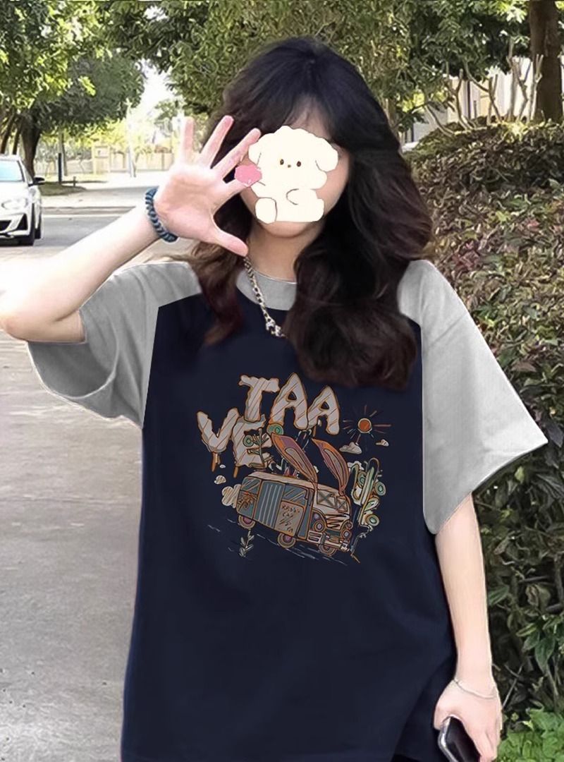 Pure cotton large-size women's T-shirt spring and summer new design Korean loose short-sleeved cartoon printed T-shirt top for women