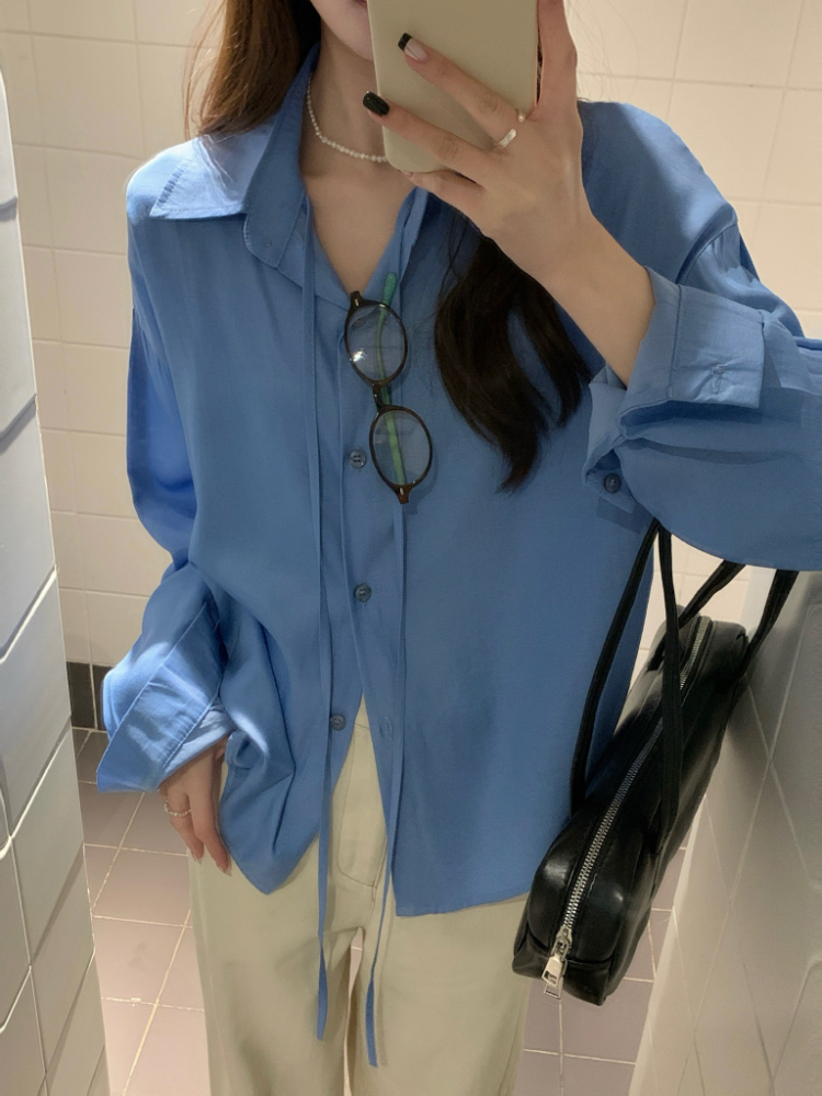 Real shot!  Simple spring and summer design lapel lace-up long-sleeved shirt loose thin blue temperament top