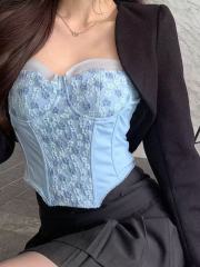 非實拍 純欲蕾絲魚骨吊帶背心外穿短款辣妹上衣設計感內搭潮