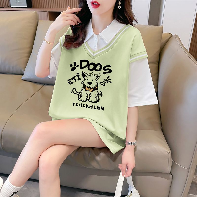 Real shot of polo neck fake two-piece T-shirt large-size women's new summer fashionable age-reducing loose short-sleeved top trendy
