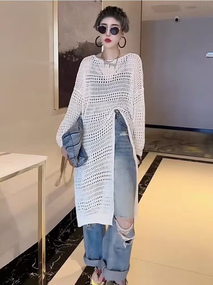 Korean mid-length side slit hollow blouse for women's retro design and slim and versatile knitted sunscreen shirt trendy