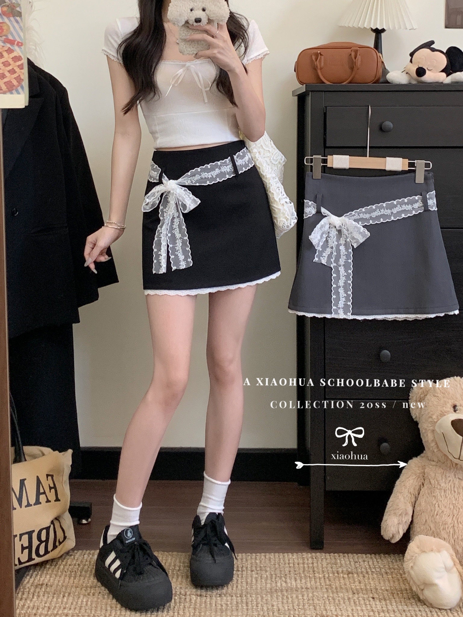 Real shot, high waist slim and versatile A-line short skirt, Korean ins anti-exposure skirt with lace strap