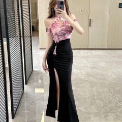 Real-life sexy printed long high-slit off-shoulder modified cheongsam dress