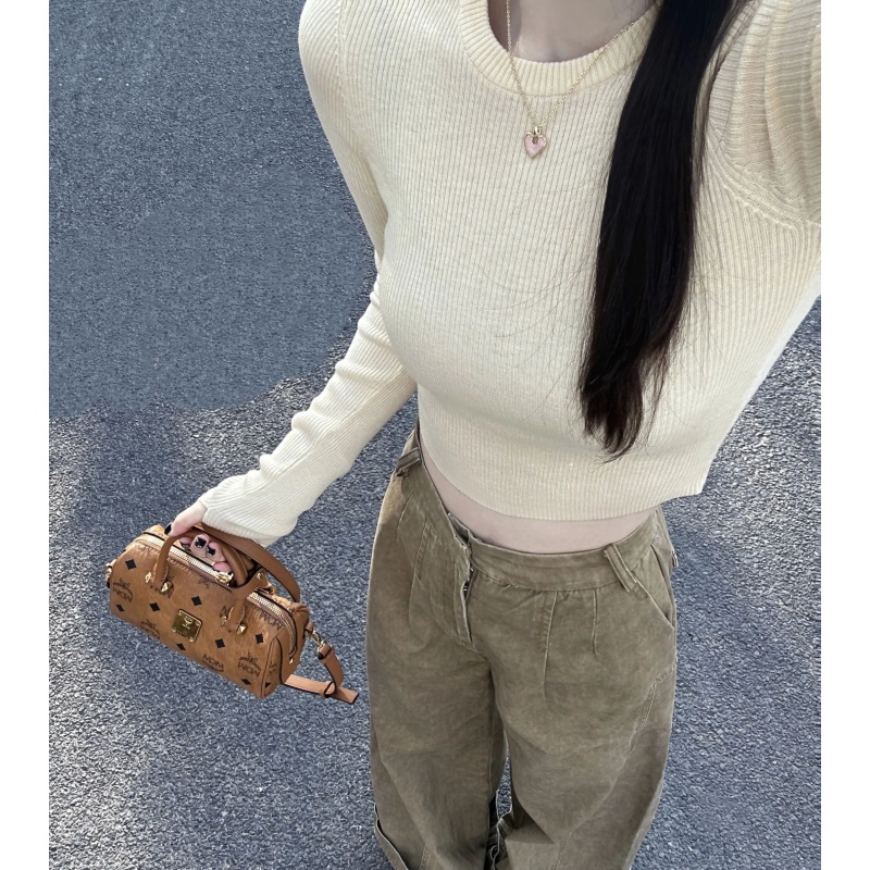 2025 spring new round neck base shirt for women slim fit sweater small short knitted sweater thumb top