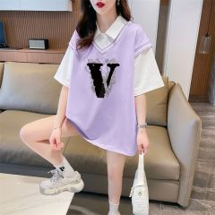 Real shot of polo neck fake two-piece T-shirt large-size women's new summer fashionable age-reducing loose short-sleeved top trendy