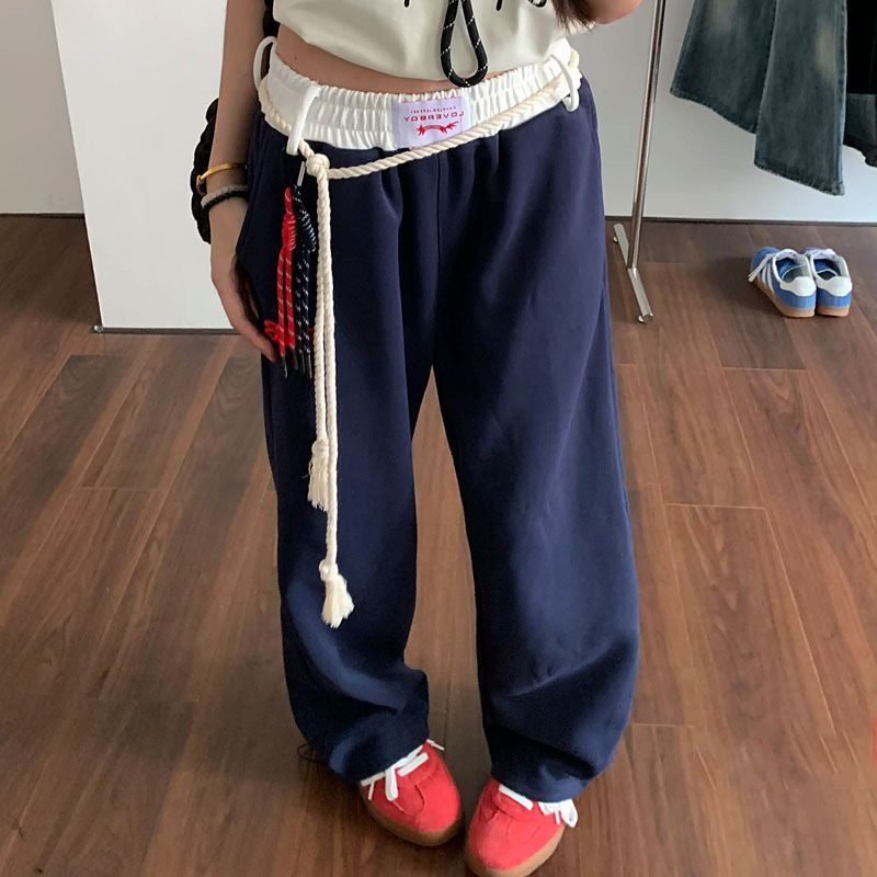 American retro hip-hop strap sports sweatpants for men and women autumn national trend couple draped straight large-size casual pants