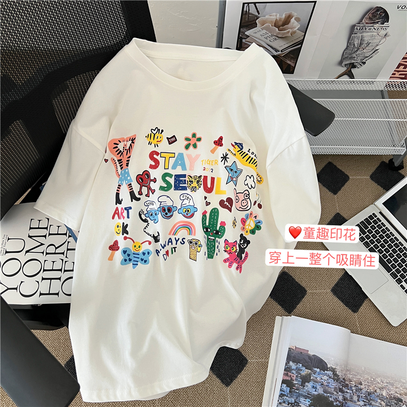 Real shot of 100% pure cotton shoulder-length back collar fun cartoon printed T-shirt for women age-reducing white short sleeves