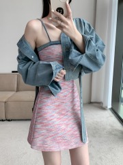 Real shot~ New striped dress for women's suspender skirt American denim jacket two-piece slimming suit