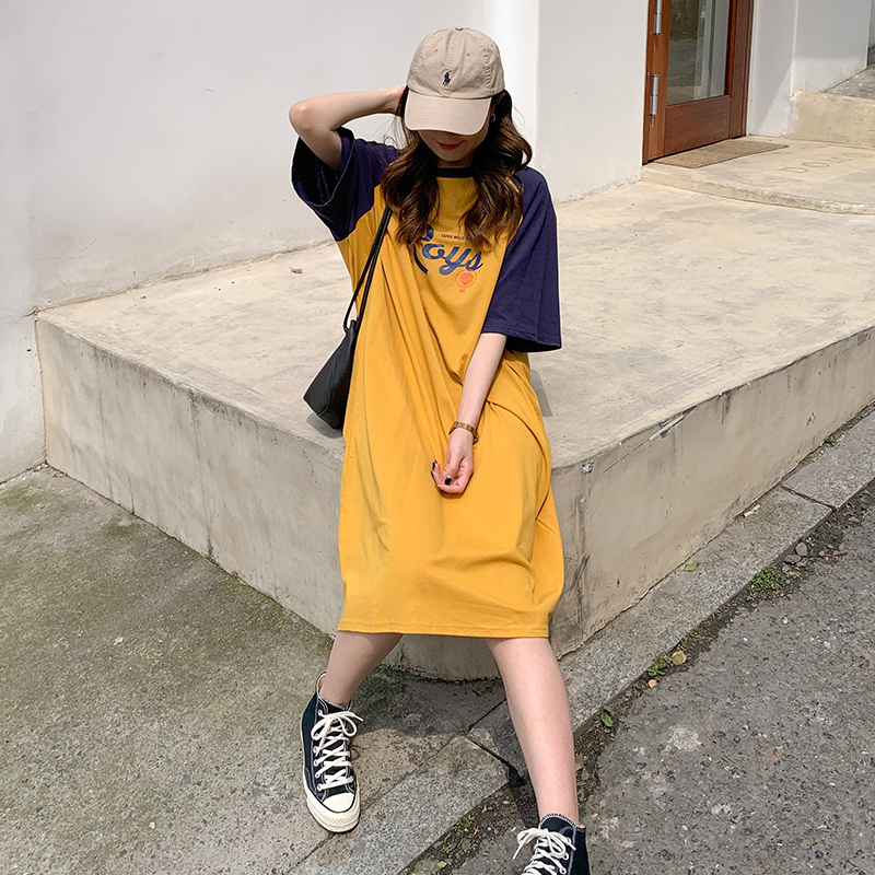 #Real shot 6535 cotton pull-up active long loose and versatile maternity wear fat MM short-sleeved T-shirt skirt