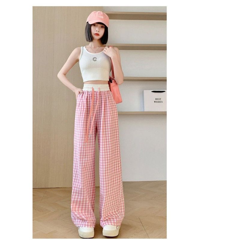 Blue plaid pants for women in summer 2025 new high-waist loose drooping casual lazy walking wide-leg pants