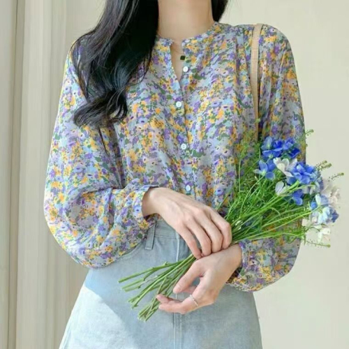 Floral chiffon top for women's fashionable new style shirt with long sleeves super fairy fashionable girlish temperament shirt