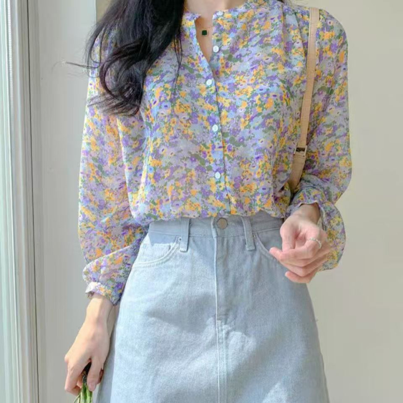 Floral chiffon top for women's fashionable new style shirt with long sleeves super fairy fashionable girlish temperament shirt