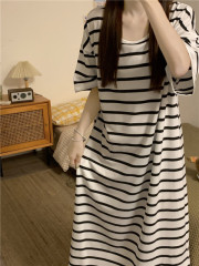 Korean version of simple stripes loose comfortable cool ice silk casual outdoor wear home clothes pajamas dress