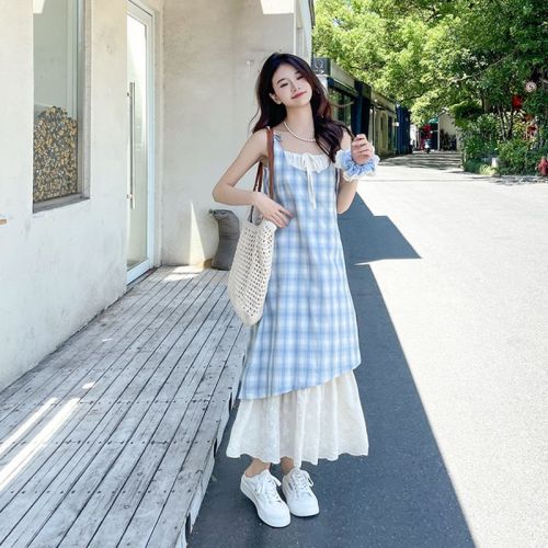 Blue checked suspender dress new summer women's fake two-piece spliced ​​lace niche design long skirt
