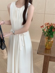 French lazy casual and comfortable sleeveless waist pleated vest suspender long skirt lace-up dress
