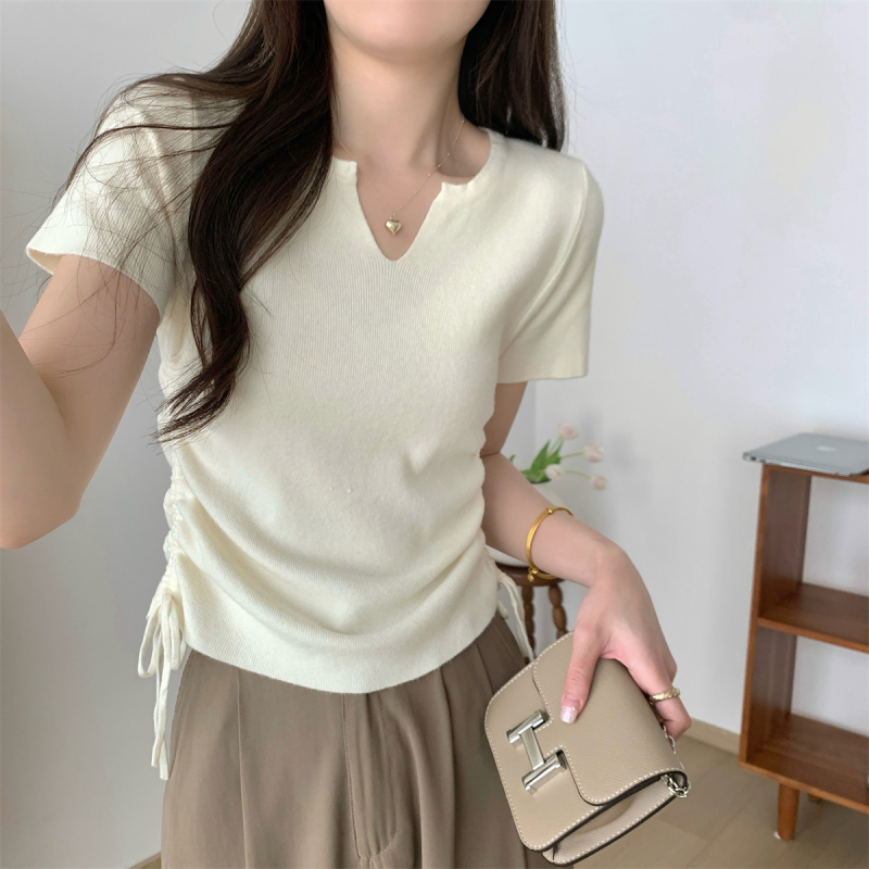 Spring and summer Korean version of half-open collar drawstring design sense solid color Andy velvet knitted short-sleeved top for women
