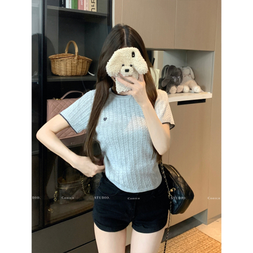 Embroidered small love knitted short-sleeved T-shirt for women 2025 summer new design contrast color round neck short top ins