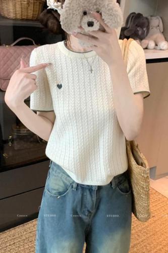 Embroidered small love knitted short-sleeved T-shirt for women 2025 summer new design contrast color round neck short top ins