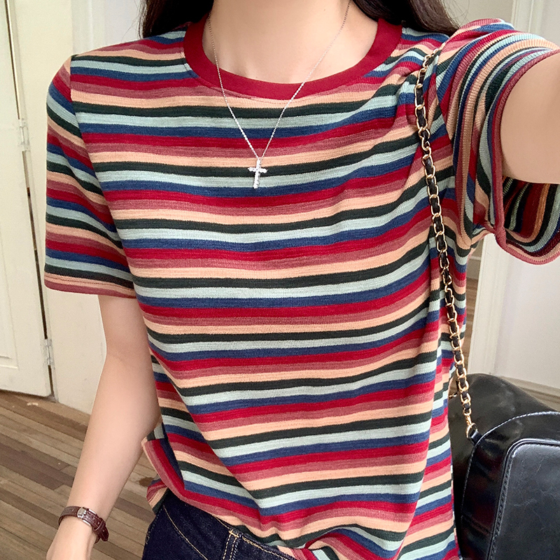 Colorful striped spliced ​​shoulder short-sleeved T-shirt for women's summer 2025 new loose slim versatile top