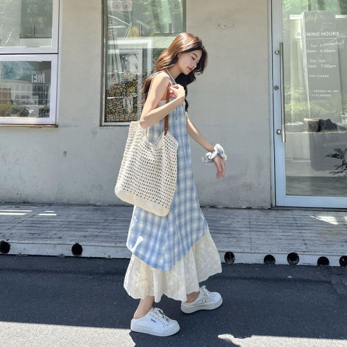 Blue checked suspender dress new summer women's fake two-piece spliced lace niche design long skirt