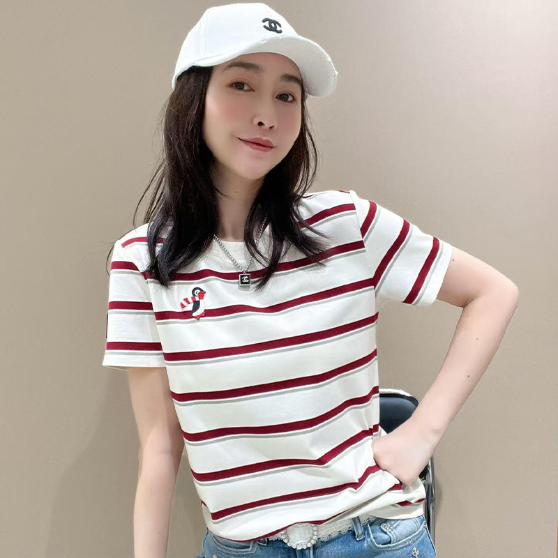 Pure cotton small casual lazy style striped short-sleeved T-shirt for women 2025 summer new meat cover top