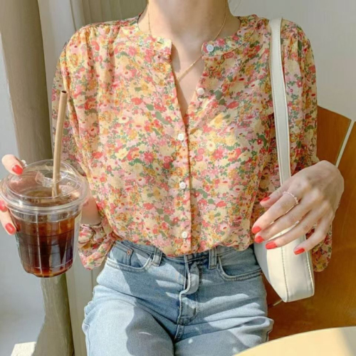 Floral chiffon top for women's fashionable new style shirt with long sleeves super fairy fashionable girlish temperament shirt