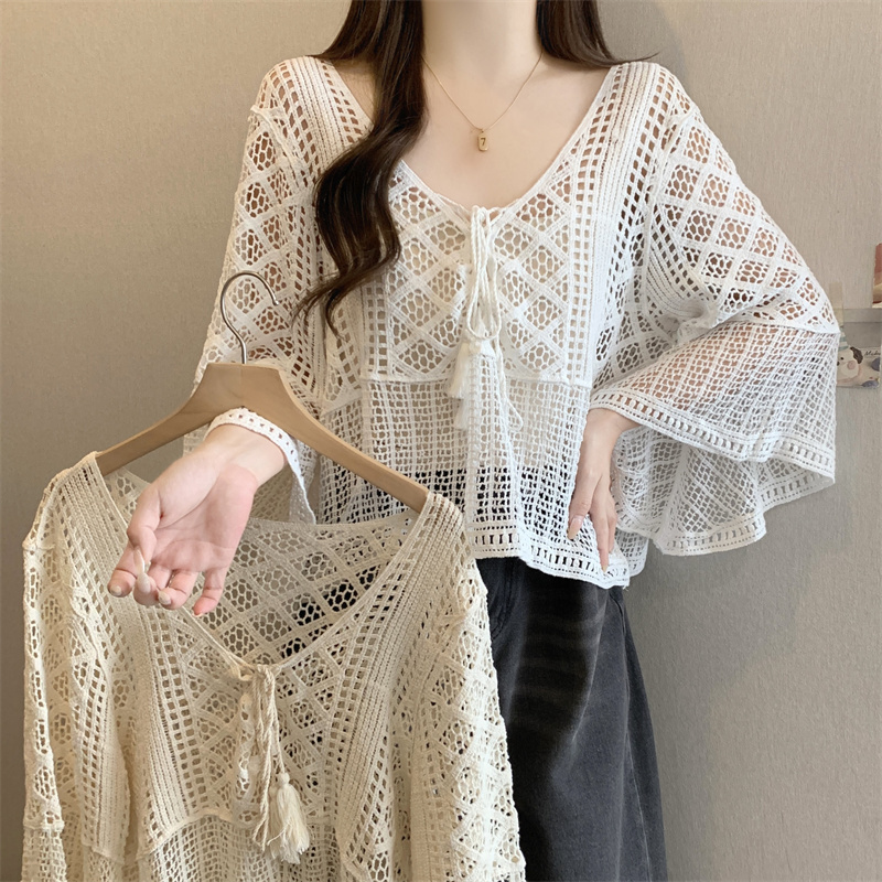 Summer flared sleeve vacation style hollow hook sweater women pullover lace-up blouse loose and versatile sun protection top